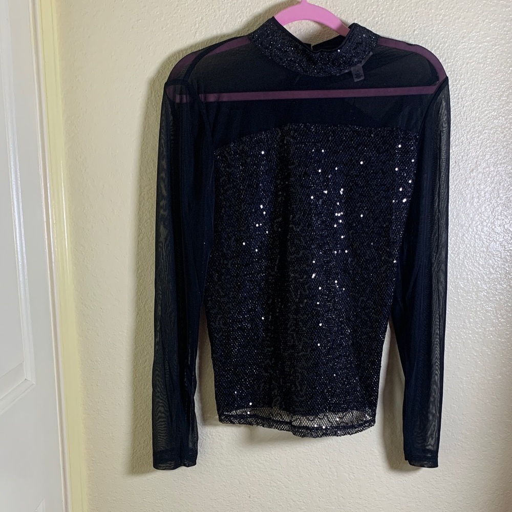 NWT Catherine Malandrino Black Sequin Long Sleeve Blouse, Size Large